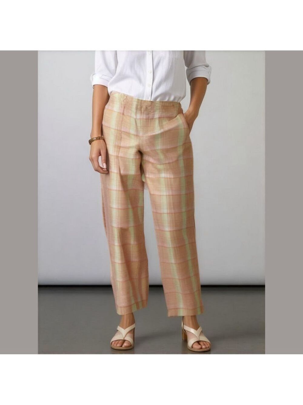 NWT 90s A+ELLEN SILK PLAID TAPERED CROPPED ANKLE PANTS COASTAL BEACH SZ 16